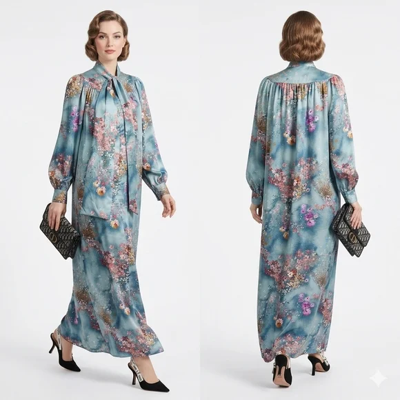 VTG 70s Christian Dior Canada Floral Maxi Robe Lavallière Gown Size S - Picture 5 of 10